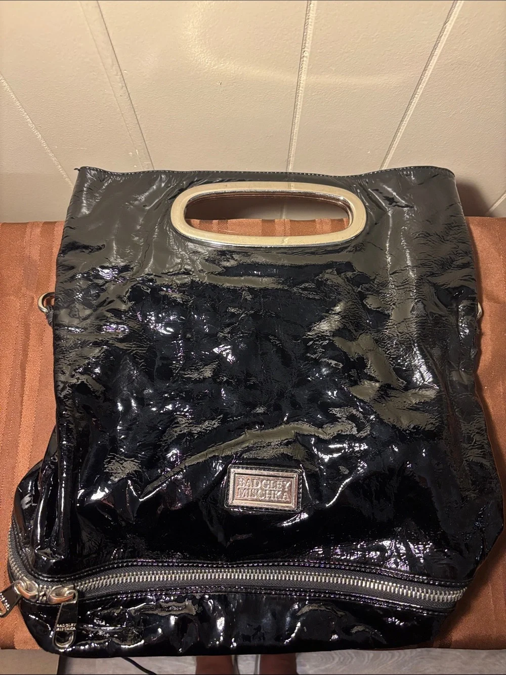 Badgley Mischka Black Crinkled Patent Leather 2Way Foldover Clutch Tote w/ Strap